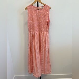 LOFT Coral Striped Smocked Cotton Sleeveless Maxi Dress Casual Summer Vacay XL